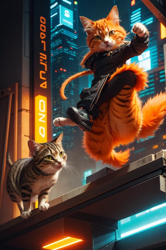 Cyberpunk cat with orange fur jumping to catch a mouse