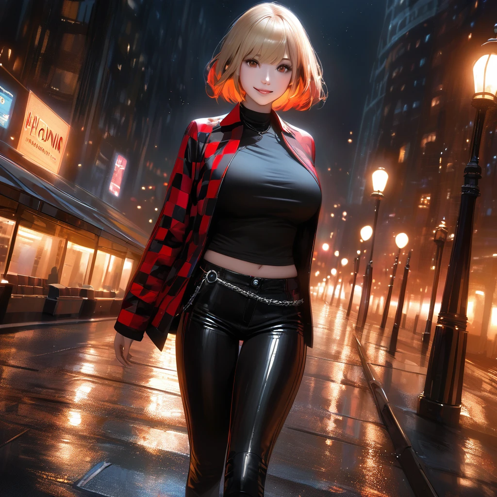 A woman wearing a long-sleeved jacket, checkered jacket with red and black colors, open jacket, short black shirt, exposed abdomen, black pants, black boots, silver chain between pants, big breasts, smiling, brown eyes, blonde hair , short hair, red bangs, multicolored hair, walking on the concrete sidewalk of a park, place at night, with lamppost illuminating the place, blue lighting, realistic, (woman alone),close view
