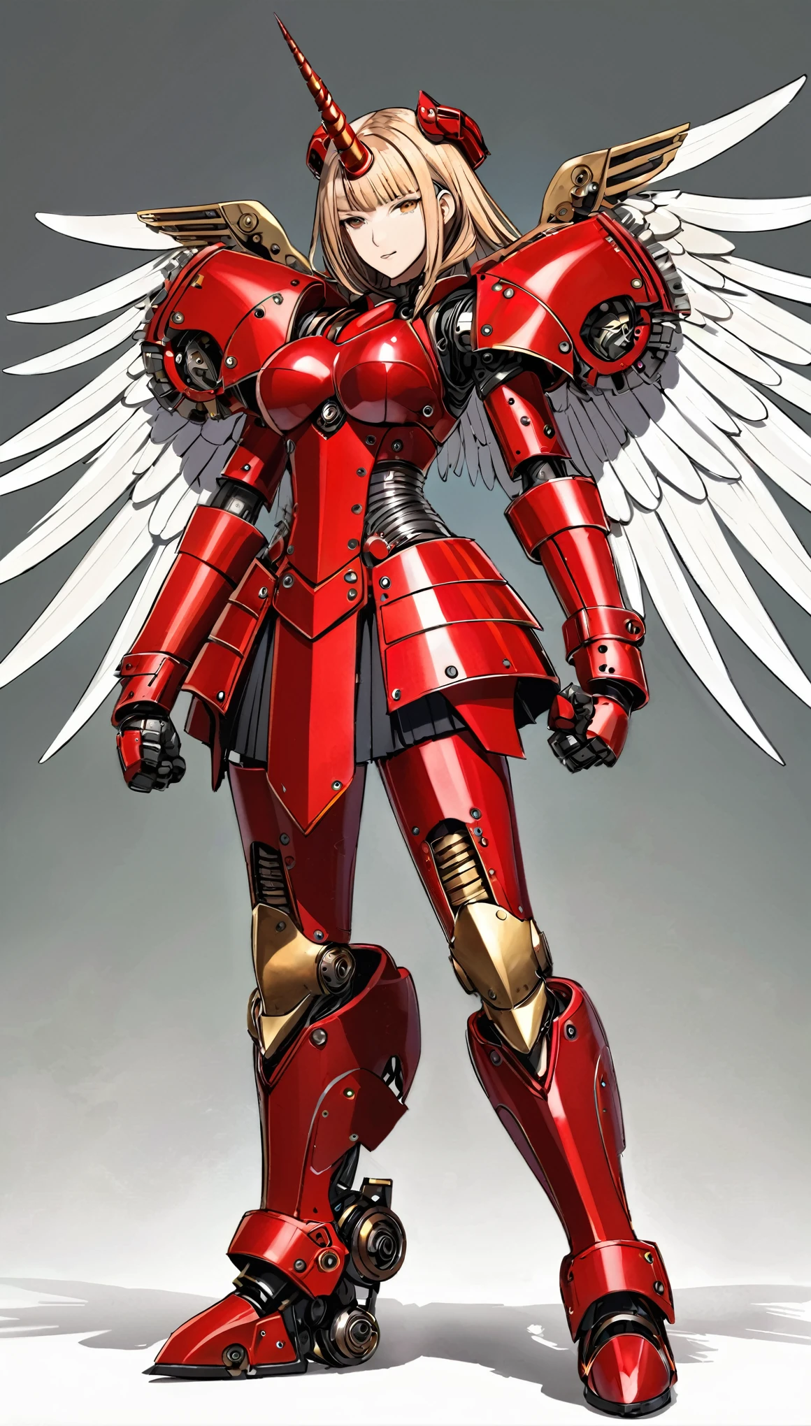 unicorn horn,metal spiral sharp corners,in style of Santiago Caruso,
huge mechanical angel wings,mechanical_halo,1 girl,mechanical wrist,mechanical skirt with pleated skirt,(huge makeover mechanical fists:1.5),
the fist flashed red,(bold,smooth,elegant,curvaceoous,precise:1.2)
