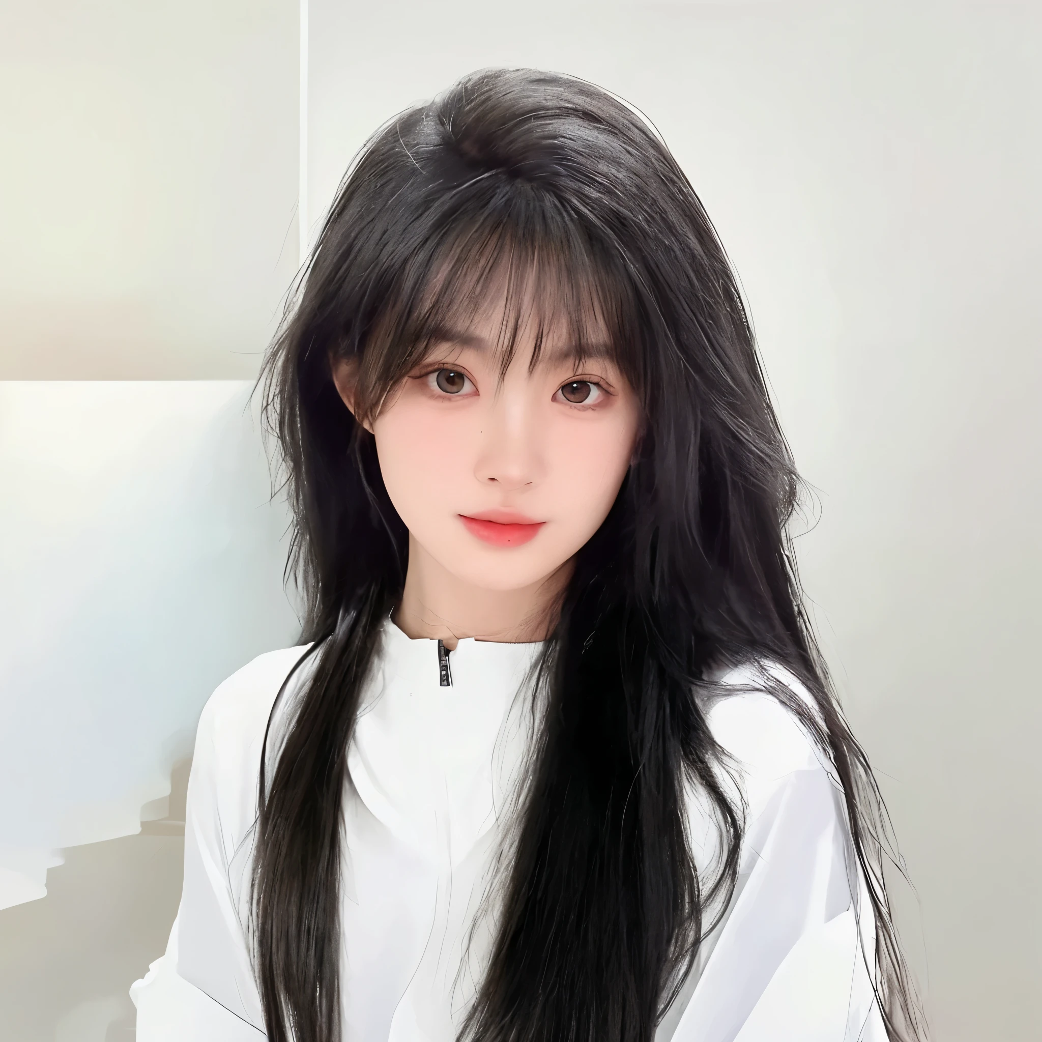 Black long straight hair looks natural,The background is simple and clean
