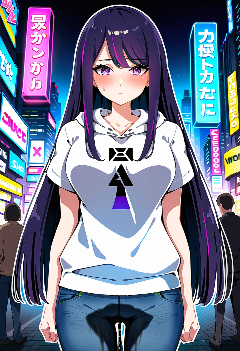 (masterpiece:1.37), best quality, (extremely detailed:1.37), woman, mature, adult, large breasts, very long hair, (straight hair:1.5), dark purple hair, purple eyes, (extremely detailed eyes:1.37), hoodie, jeans, desperation, (wetting: self 3.0), standing, embarrassed, humiliation, blushing, angry, city, futuristic, neon lighting, high-tech, street