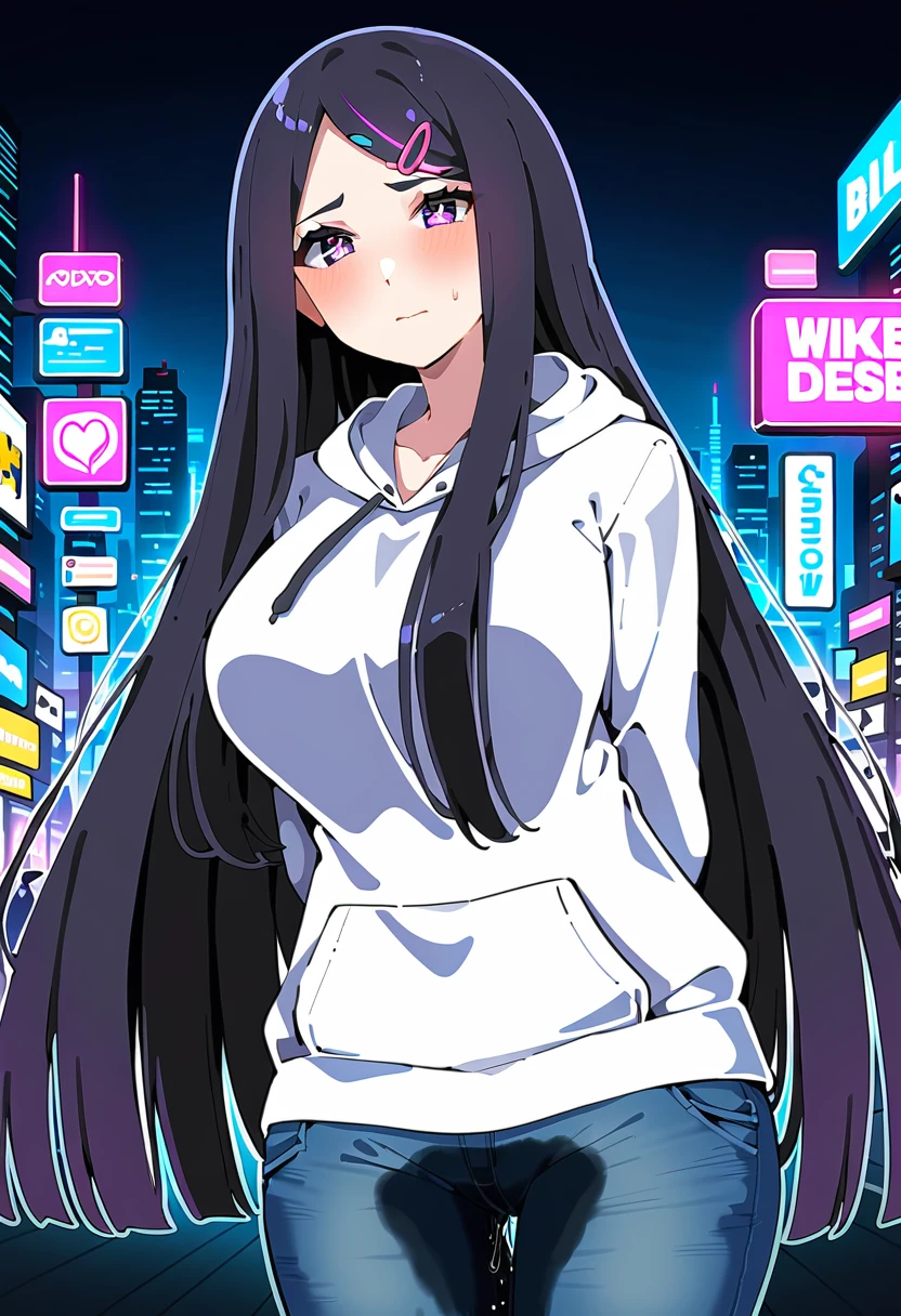 (masterpiece:1.37), best quality, (extremely detailed:1.37), woman, mature, adult, large breasts, very long hair, (straight hair:1.5), dark purple hair, purple eyes, (extremely detailed eyes:1.37), hoodie, jeans, desperation, (wetting: self 3.0), standing, embarrassed, humiliation, blushing, angry, city, futuristic, neon lighting, high-tech, street