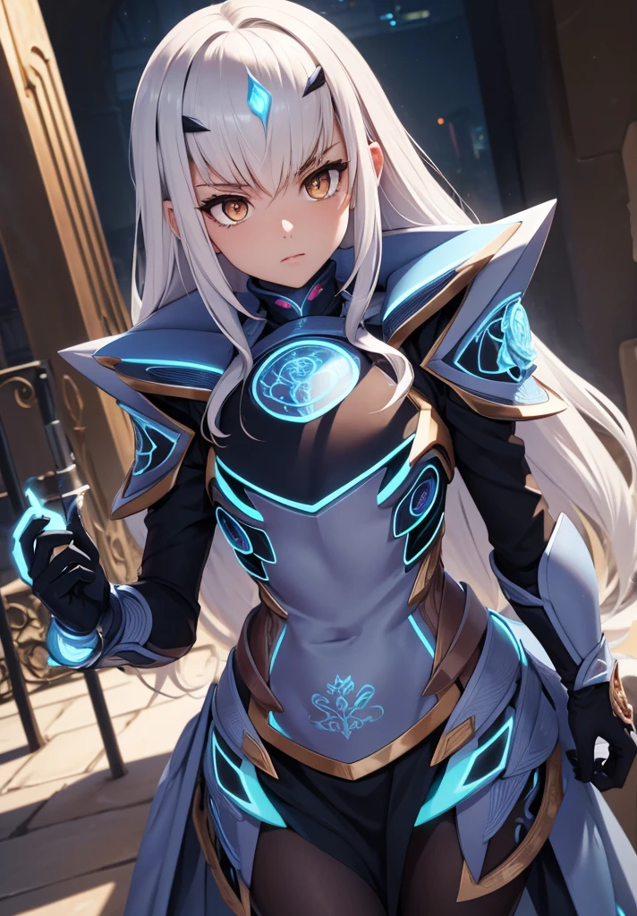 Melusina, Melusina, (Brown eyes:1.5), long hair, White hair, side locks, (small chest:1.2),
Armor BREAK, dress blindado, dress negro, gloves negros, blue armor, dress azul, peto, dress, sashes, gloves, mask, shoulder pads, dress corto, shoulder armor,
REST looking at the viewer,
REST outdoors,
BREAK (Masterpiece:1.2), Best Quality, high resolution, unity 8k wallpaper, (illustration:0.8), (Beautiful detailed eyes:1.6), extremely detailed face, perfect lighting, Extremely detailed CG, (perfect hands, perfect anatomy),