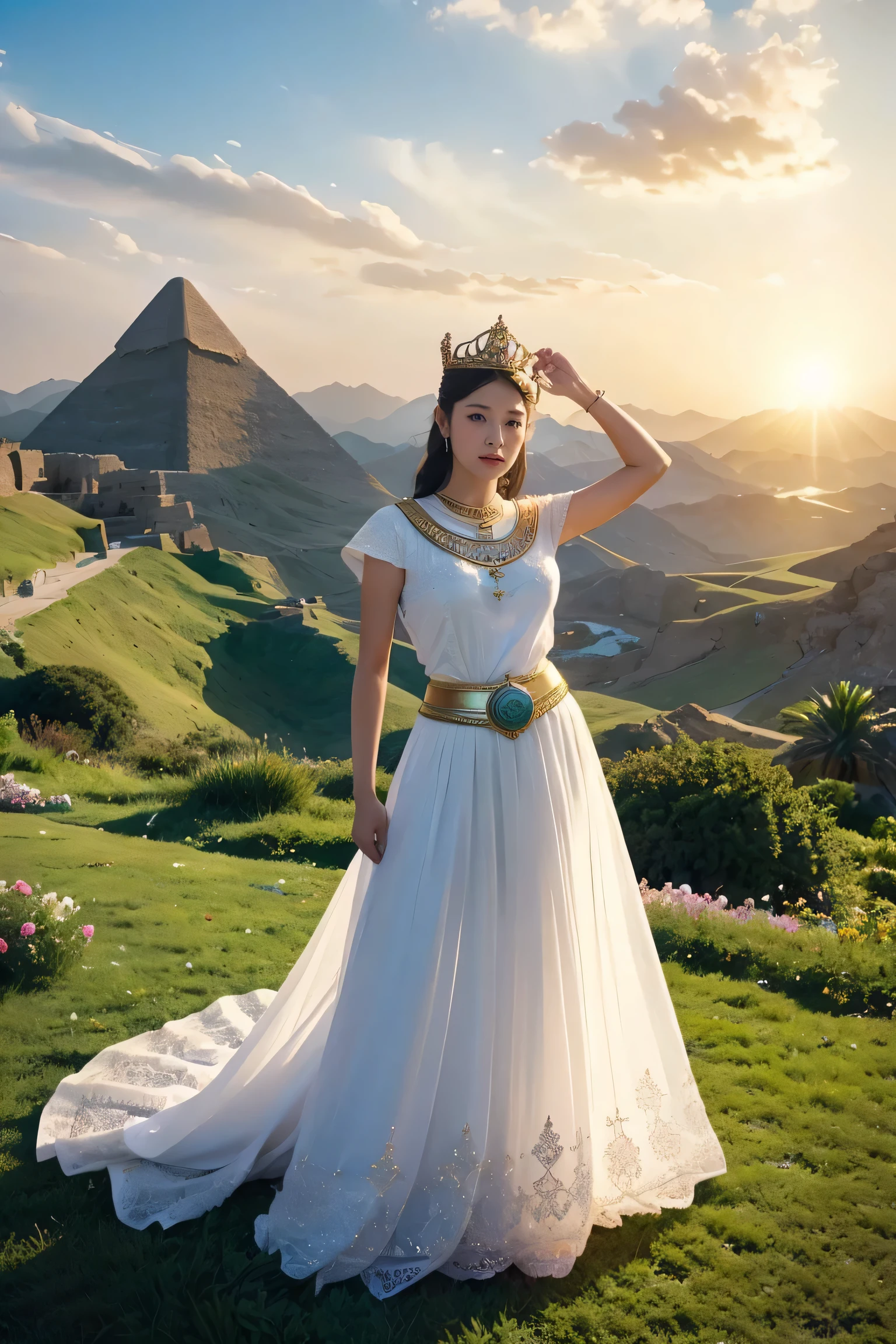 goddess, Egypt, Beautiful woman, Stand sideways., ((bend a little.)), White clothes, The crown is made of flowers., The belt is made of roses., golden sky, Blue mountain, Green Grass、With a sword and shield