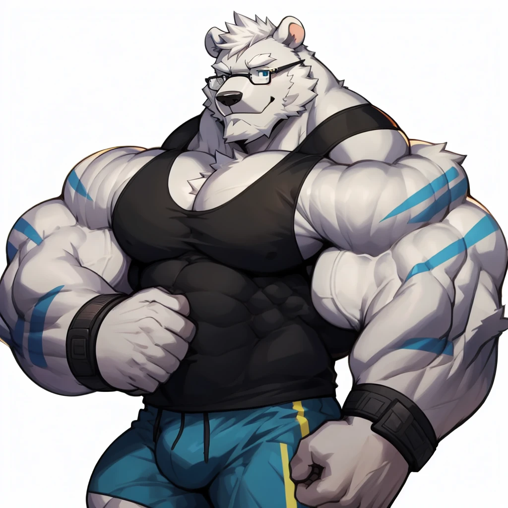 solo, 1boy, Huge Muscular White Polar Bear wearing glasses, huge white fur, pectoral, huge pectoral, wide pectoral, short white hair, blue colored short pants, blue colored wristbands and blue colored tank top, white bearded, white Mustache, white fur, simple background, masterpiece, high detailed, 8k, high resolution, at the gym, flexes huge muscles, looking at the viewer, acfing all sexy