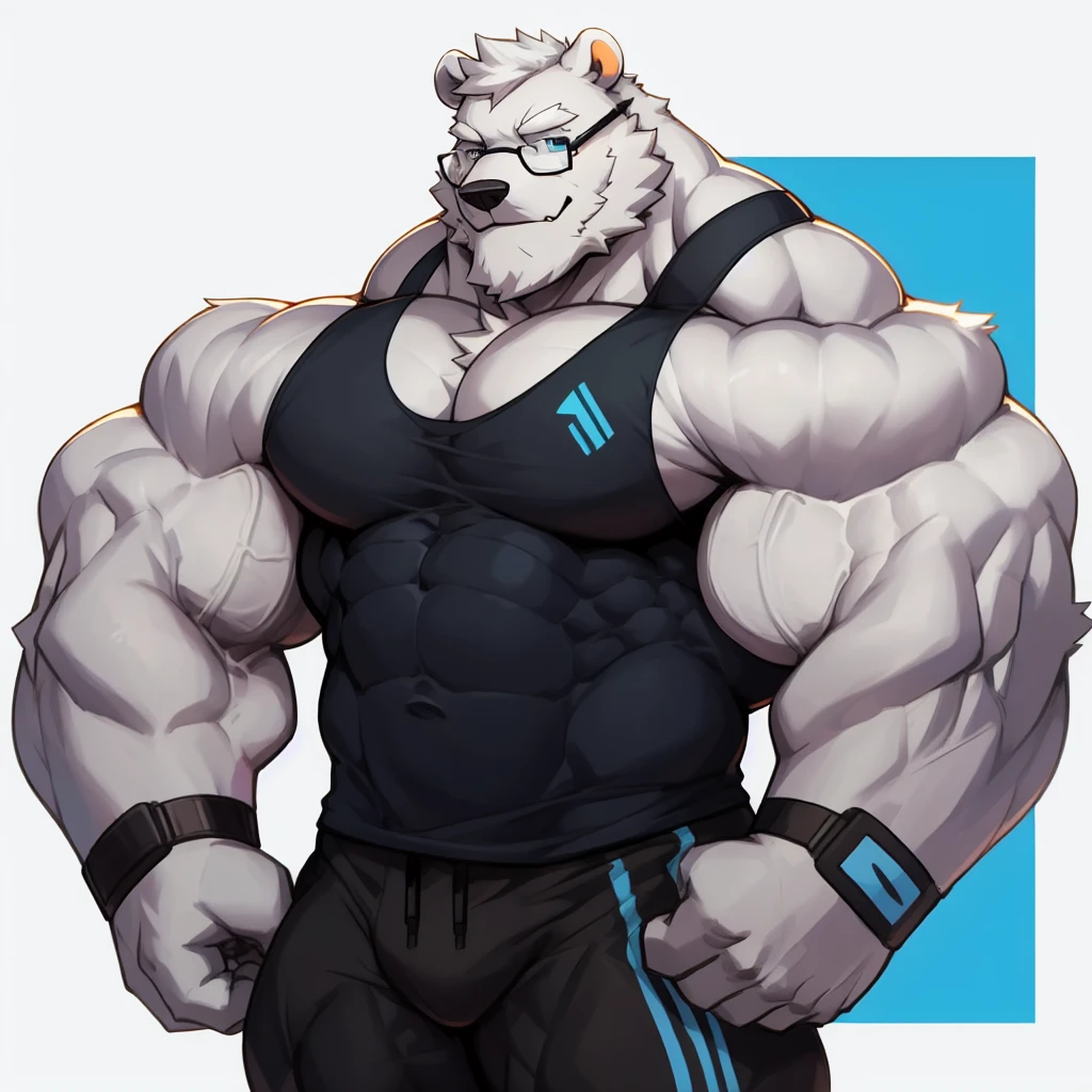 solo, 1boy, Huge Muscular White Polar Bear wearing glasses, huge white fur, pectoral, huge pectoral, wide pectoral, short white hair, blue colored short pants, blue colored wristbands and blue colored tank top, white bearded, white Mustache, white fur, simple background, masterpiece, high detailed, 8k, high resolution, at the gym, flexes huge muscles, looking at the viewer, acfing all sexy