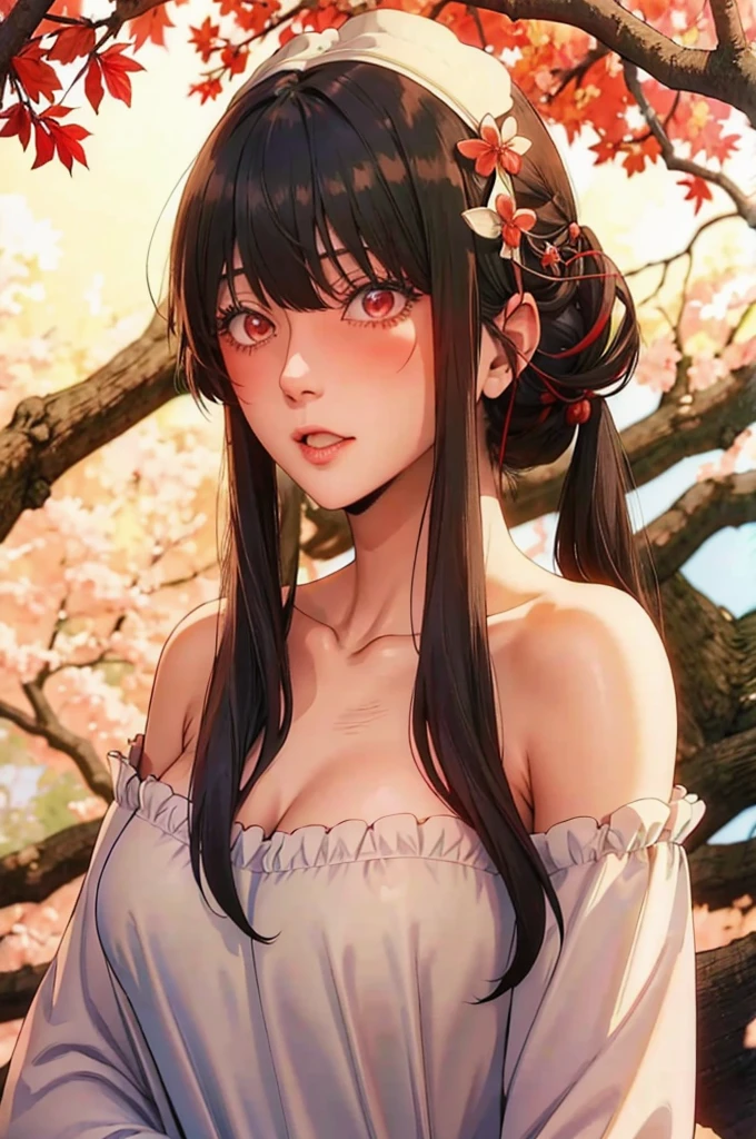 nude, Youghal, (Mature,  bangs, side lock, red eyes, black hair, hair ornaments, Popping milk 3),girl portrait, (face:1.2), Female student, 笑face,bare shoulders, black hair, Cherry Blossom), willow branches, (Masterpiece of the highest quality :1.2),  NSFW