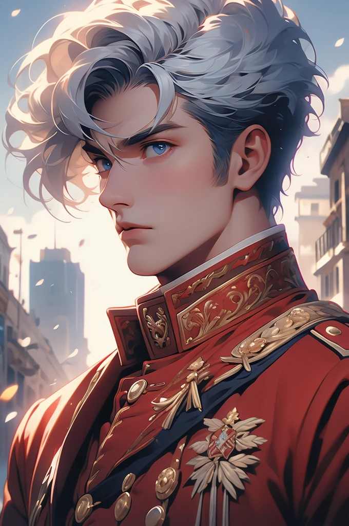 red military uniform, husar, short hair, Napoleonic wars, blue skies, city, short white hair