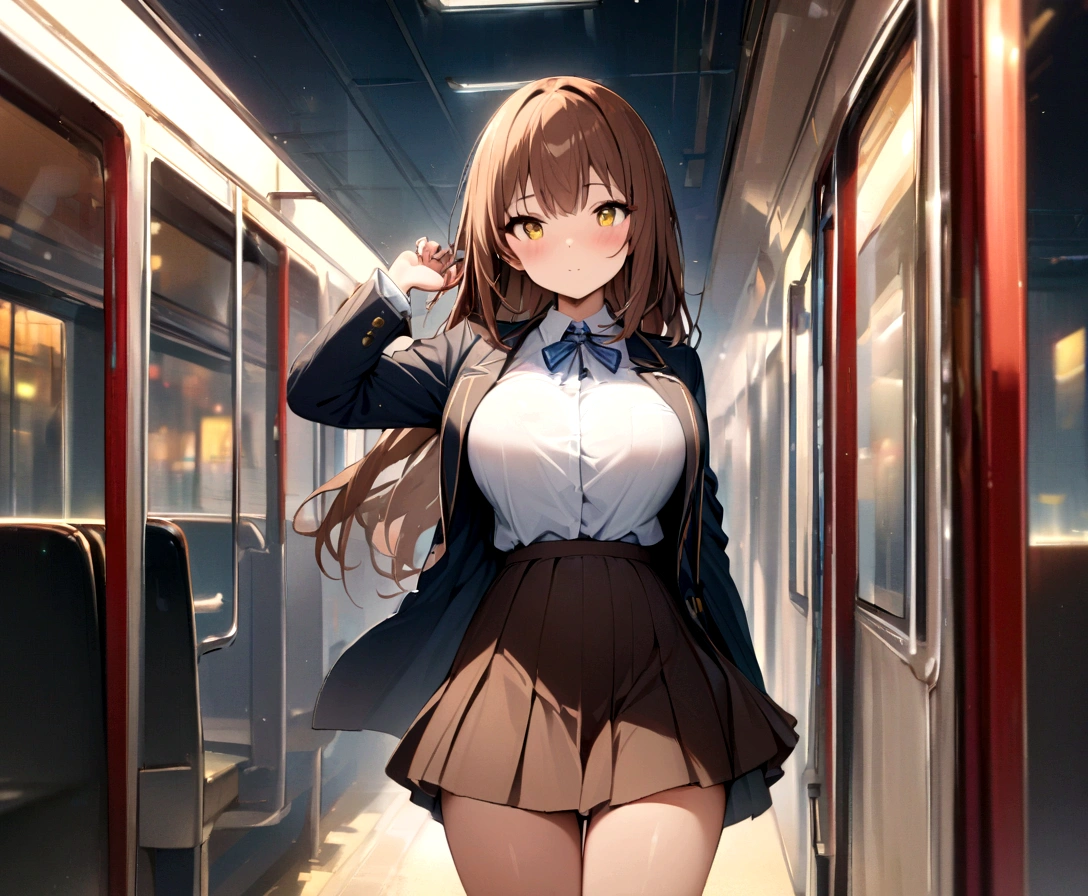 1 Girl、Brown Hair、semi-long、、blazer、Pleated skirt、solo、Yellow Eyes、Highest quality、Masterpiece、Clear focus、Large Breasts、Perfect body、cute、Fine eyes、On the way home、