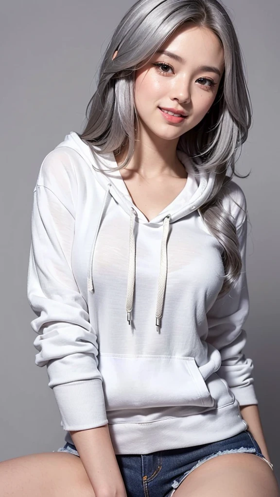 Realistic, masterpiece, Highest quality, Highest Resolution, Anatomically correct, Accurate Anatomy, (Gray blank background:1.3), (1girl:1.3), 20-year-old, Height: 165cm, Shot from thigh up, (Thick thighs:1.2), (Long Hair, Straight Hair, Silver Hair:1.3), (Squint your eyes, Sharp Eyes, (Iris:1.2)), (Hidden eyelid wrinkles:1.2), Thin eyebrows, Draw eyelashes carefully, Natural Makeup, Chin up, Grin, Slightly to the side, (White hoodie and denim hot pants:1.3), (バーカーのフードはかぶらない:1.3)