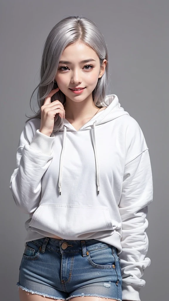 Realistic, masterpiece, Highest quality, Highest Resolution, Anatomically correct, Accurate Anatomy, (Gray blank background:1.3), (1girl:1.3), 20-year-old, Height: 165cm, Shot from thigh up, (Thick thighs:1.2), (Long Hair, Straight Hair, Silver Hair:1.3), (Squint your eyes, Sharp Eyes, (Iris:1.2)), (Hidden eyelid wrinkles:1.2), Thin eyebrows, Draw eyelashes carefully, Natural Makeup, Chin up, Grin, Slightly to the side, (White hoodie and denim hot pants:1.3), (バーカーのフードはかぶらない:1.3)