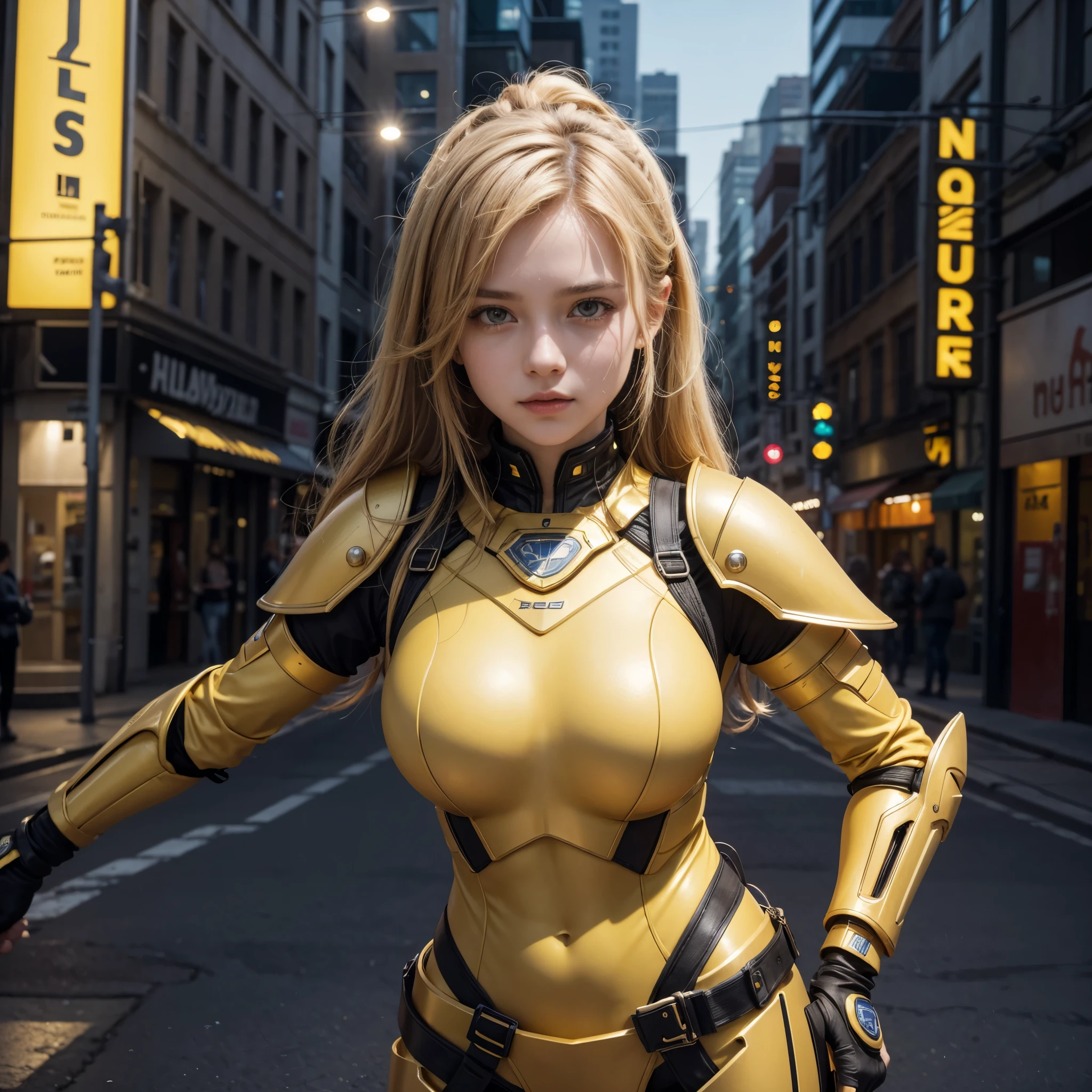 1 girl, cogarmor2023, City, yellow armor, 8k hd, Best Quality, Masterpiece, bright accents