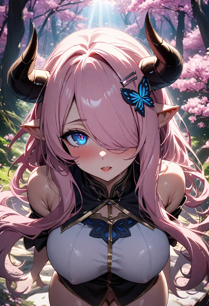 Narmaya standing in a forest of Cherry Blossom trees. Rays of light weave through the tree tops from the sun. The image is extremely detailed with perfected anatomy. The lighting highlights her body in ways that arouses the viewer. Her expression is extremely seductive and confident. The image is life-like and semi-realistic. Extreme detail has been put into the shading. It's a masterpiece of erotic art. The scene evokes a sense of tranquility and wonder in the viewer. (masterpiece), best quality, expressive eyes, perfect face, Cherry blossom trees, light rays, sunny day, seductive, erotic, 8k, absurdres, narmaya, pink hair, blue eye with pink pupil, hair over eye, draph, horns, butterfly hair clip,