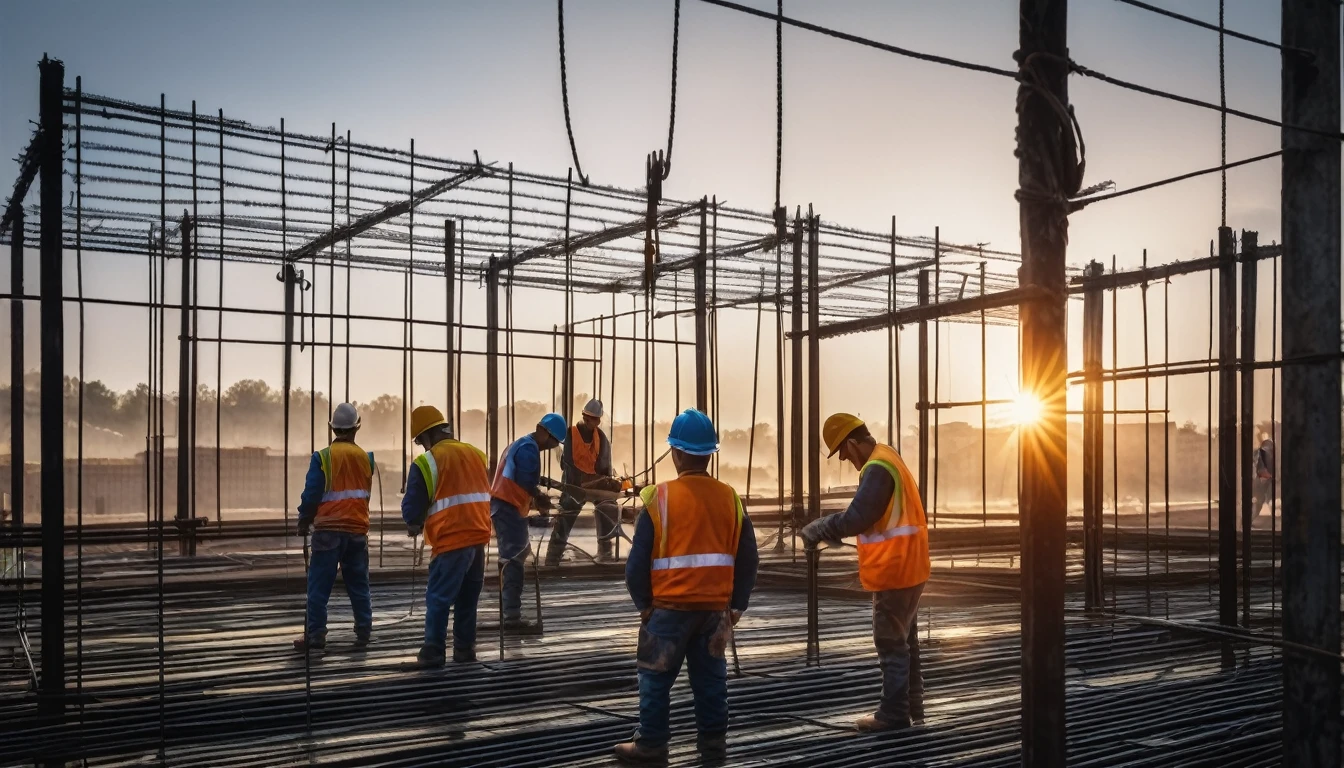 e workers on a construction site tying rebar,morning, sunny, workers in good working shape, Hyper realistic