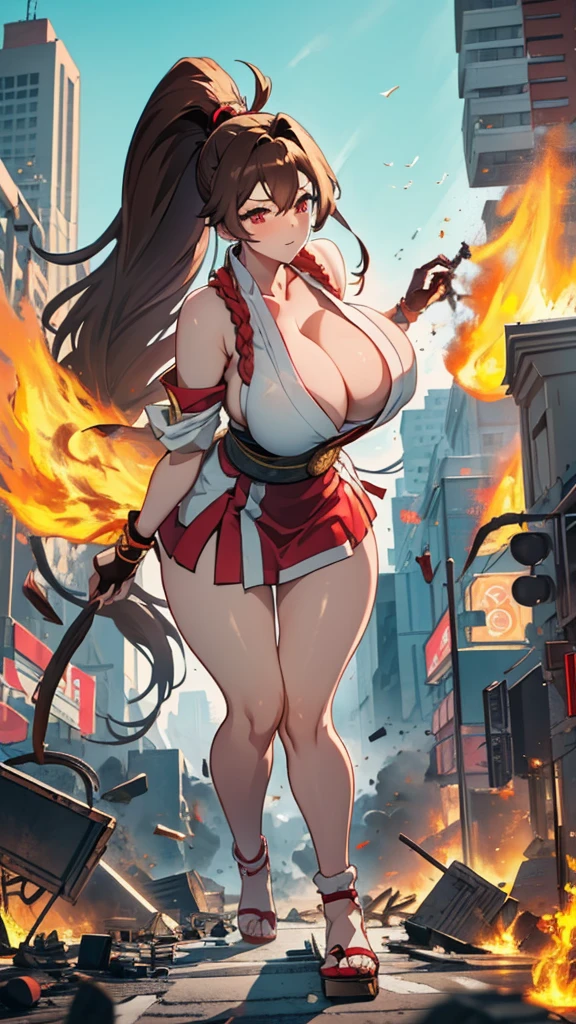 Anime Style Beauty masterpiece Unreal Engine Huge breasts on Cute Girls giant girl (Mai Shiranui from a high rise building)) Brown hair ponytail ((A view from the sky)) Big fire fire Explosion burst into flames Cleavage ((Destty in flames)) ((Fire)) ((Destroyed buildings)) ((Destroyed cars)) ((Pile of rubble)) 90's Giant Girl on the Road in thety Uniform Skirt ((Dim cloudy sky)) Female Giant huge girl full body Destroyed skyscrapers, destroyed cars, crowd Unreal Engine,