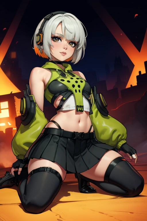 Anby style, 8k, hdr, ureal engine, ultra quality, sitting,  anbydemara, anby demara, (orange eyes:1.5), short hair, white hair,
BREAK bare shoulders, black gloves, black skirt, black thighhighs, fingerless gloves, gloves, green jacket, headphones, jacket, navel, skirt, stomach, thighhighs,golden earrings, cute, full body