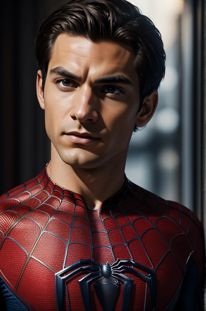 A photograph of Spider-Man., sin mascara, the 20s, elegant, detailed face, looking to the camera, portrait, 8k hd, high quality