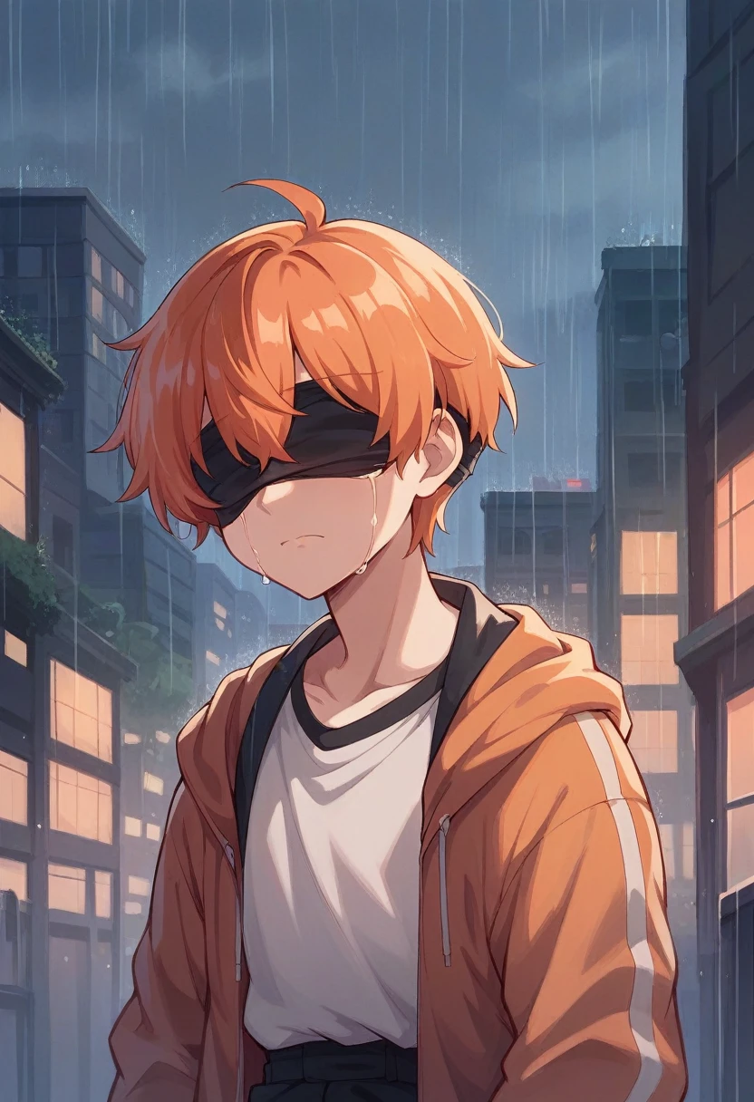 Anime girl, orange hair, blindfold, crying, rainy bg, cityscape