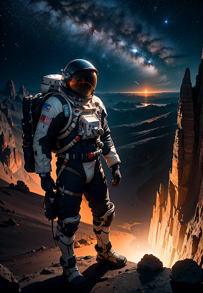 An astronaut stands on the edge of a vast cliff, peering down into an enormous, deep crater that stretches out before them. The Martian night sky is filled with countless stars, casting a gentle glow over the barren, rocky terrain. The depth of the crater is immense, disappearing into darkness, creating a sense of awe and wonder. Jagged rocks and steep slopes surround the scene, with the distant Martian mountains silhouetted against the starry sky. The astronaut's suit is faintly illuminated by their helmet lights, highlighting the surreal beauty of the Martian night.
