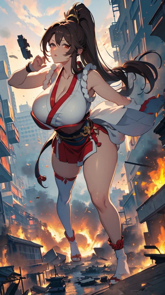 Anime Style Beauty masterpiece Unreal Engine Big Tits Huge breasts Precision Cute Girls giant girl (Mai Shiranui from a high rise building)) Brown hair ponytail ((A view from the sky)) Chinese cities Hong Kong style Big fire fire Explosion burst into flames Cleavage ((Destroyed city in flames)) ((Fire)) ((Destroyed buildings)) ((Destroyed cars)) ((Pile of rubble)) 90's Giant Girl on the Road in the Big City Uniform Skirt ((Dim cloudy sky)) Female Giant huge girl full body Destroyed skyscrapers, destroyed cars, crowd Unreal Engine,