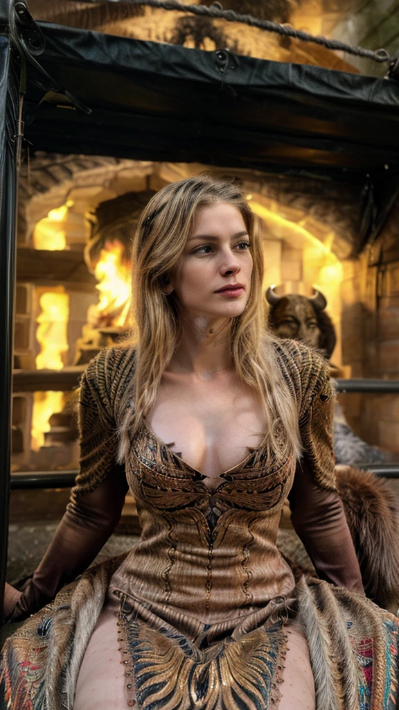 detailed portrait of a woman sitting on a fierce bull, hyperrealistic, 8k, beautiful detailed eyes, beautiful detailed lips, extremely detailed face and skin, long eyelashes, woman in elegant dress, bull with detailed fur and muscles, dramatic lighting, cinematic composition, vibrant colors, photorealistic, intricate details, masterpiece