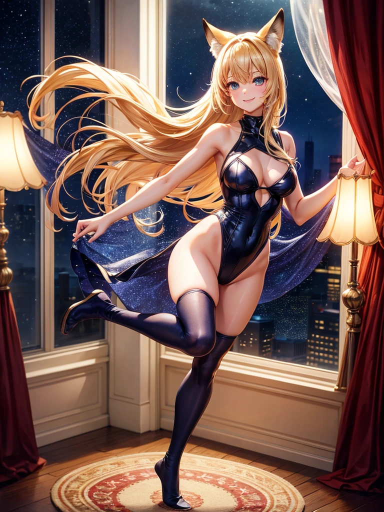 Highest quality,Highest Resolution,Smiling beautiful girl in fox leotard,High leg,Very beautiful eyes,Standing posture,front,Bedroom,Night view outside the window,