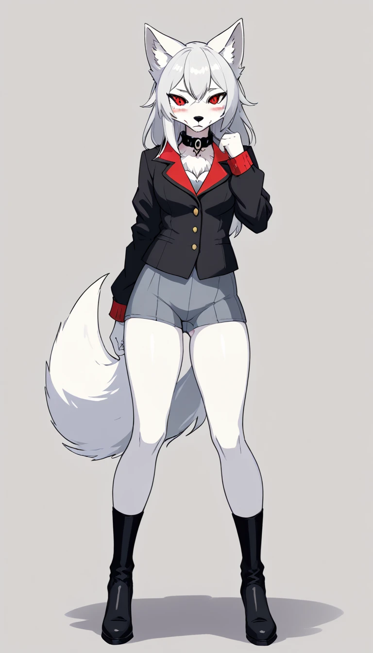 zPDXL, score_9, score_8_up, score_7_up, source_anime, 8k, absurdres, 1girl, solo,  vanitaker, white hair, long hair, white Fox ears, white Fox tail, red pantyhose, black jacket, black leotard, black boots, leotard under jacket, red eyes, fangs teeth, gray background, standing, half-closed eyes, smug smile, looking at the viewer, spiked wristband, spiked collar, anthropomorphic female fox (white fox)