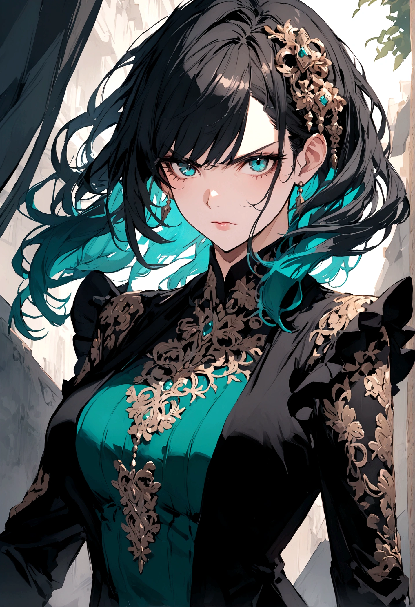 Mature 29 year old woman black hair teal tips serious expression