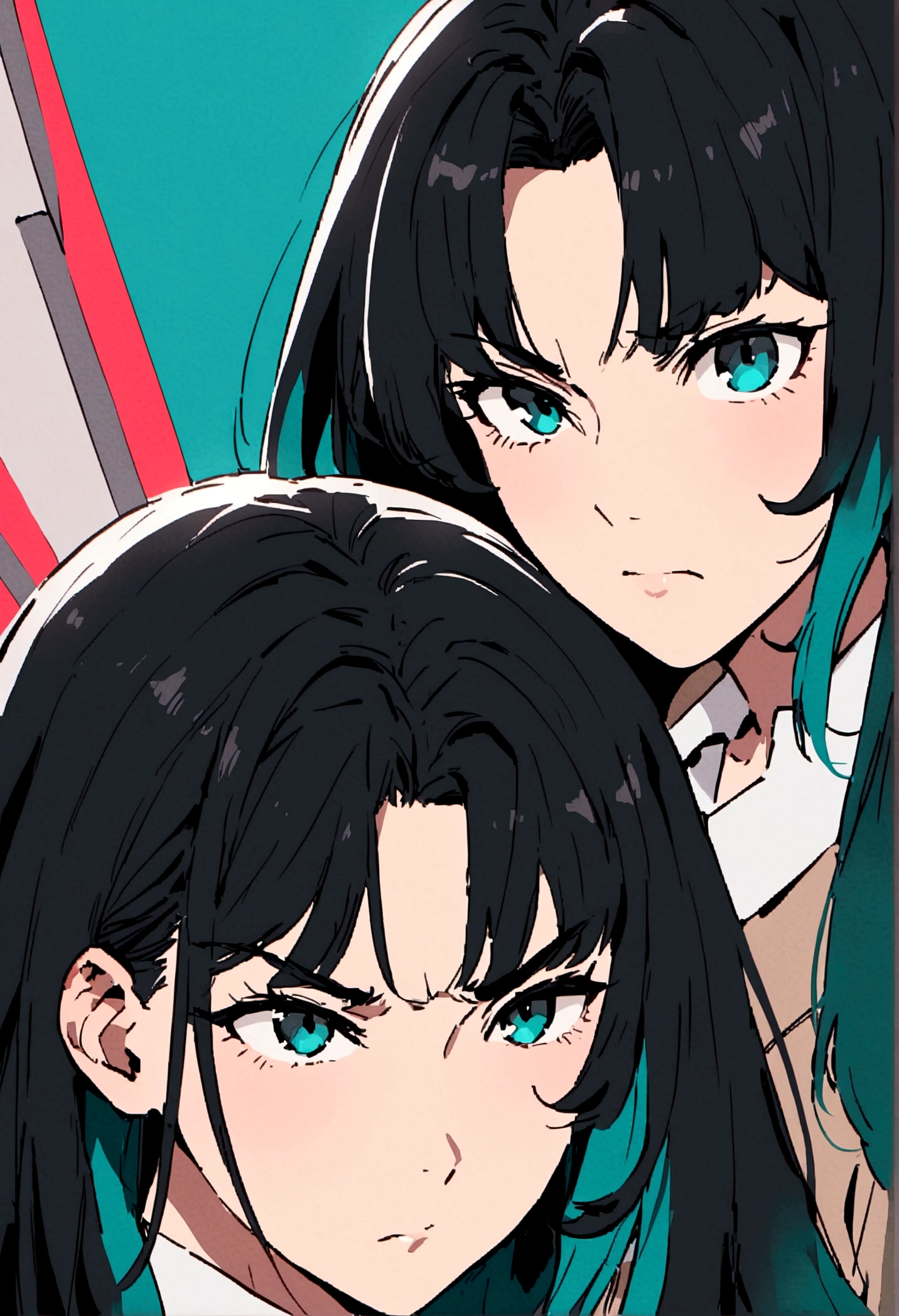 Mature 29 year old woman black hair teal tips serious expression
