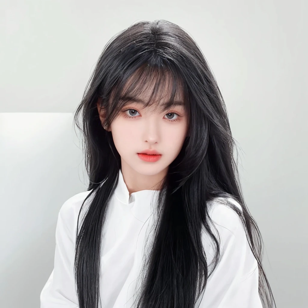 Black long straight hair looks natural，The background is simple and clean