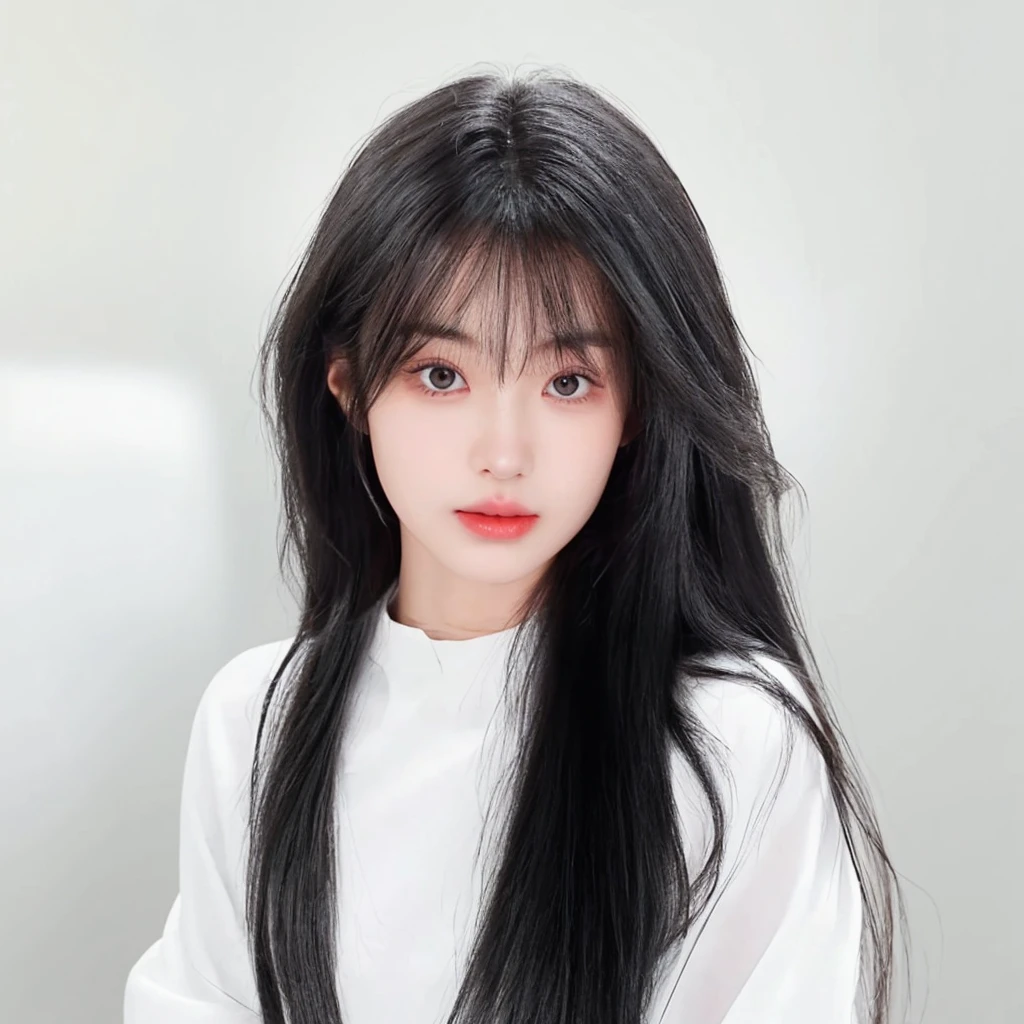 Black long straight hair looks natural，The background is simple and clean