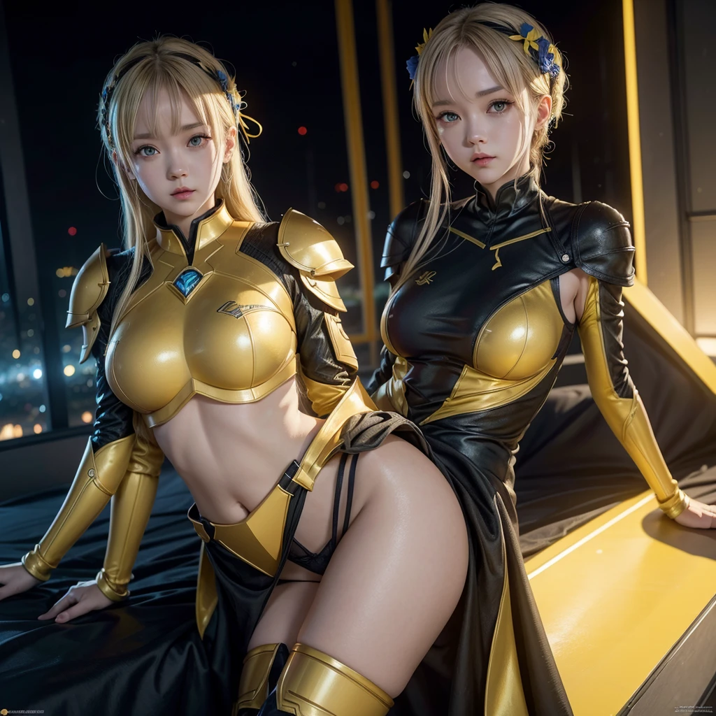 1 girl, Rem de re:zero, cogarmor2023, City, yellow armor, 8k hd, Best Quality, Masterpiece, bright accents,anime style.