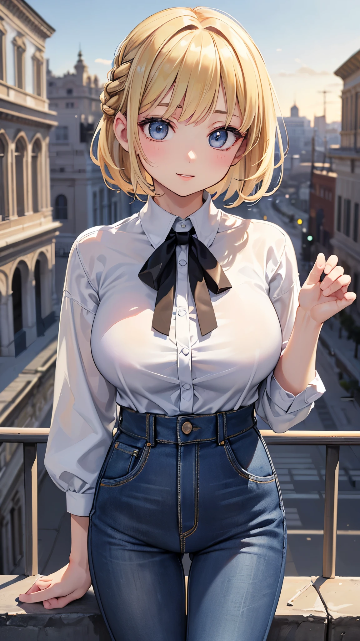 (masterpiece: 1.3、Highest quality、Ultra-high resolution、Very detailed)、(Real、Photorealistic: 1.4)、Beautiful illustrations、Perfect lighting、Natural light、Depth of the Boundary、Beautifully detailed hair、Beautifully detailed face、Beautiful details、Beautiful body、Firm breasts、Beautiful thighs、Beautiful legs、Beautiful Hands、Show to the viewer、One girl、Very cute girl、(Perfect ???????、Anatomically correct)、Cute and symmetrical face、Baby Face、Perfect Face、Perfect Eyes、Shiny skin、((short blonde hair))、((Braided bangs))、Long eyelashes、(Very large and powerful breasts)、juicy thighs、Attractive thighs)、(Beautiful cityscape)、((Outdoor、Blurred rome cityscape))、(Cute Smile、Upturned eyes、Open lips)、((White shirt、Black tie、Closed collar))、((High-waisted denim pants))、Cowboy Shots