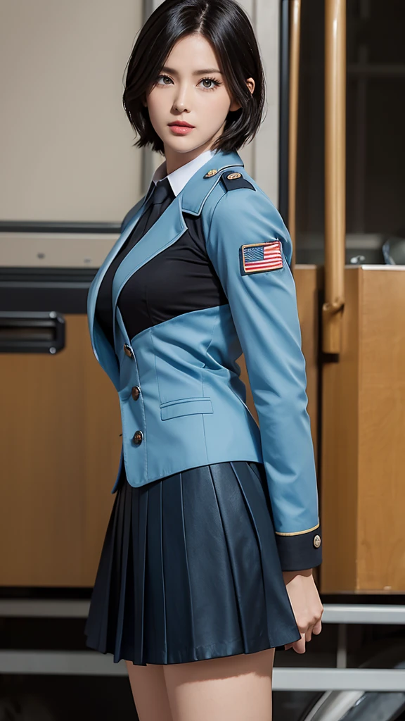 (Highest Resolution, clearly_image), Highest quality, masterpiece, Very detailed, Semi-realistic, A woman with shoulder-length black hair, Dark Eyes, mature, mature woman, Royal Sister, sexy, short hair, Triple Van, Light blue uniform, Light blue jacket, soldier, Light blue pleated skirt, Micro Mini Skirt、uniform, Fighter Frontline, future, sf, universe、Micro Mini Skirt