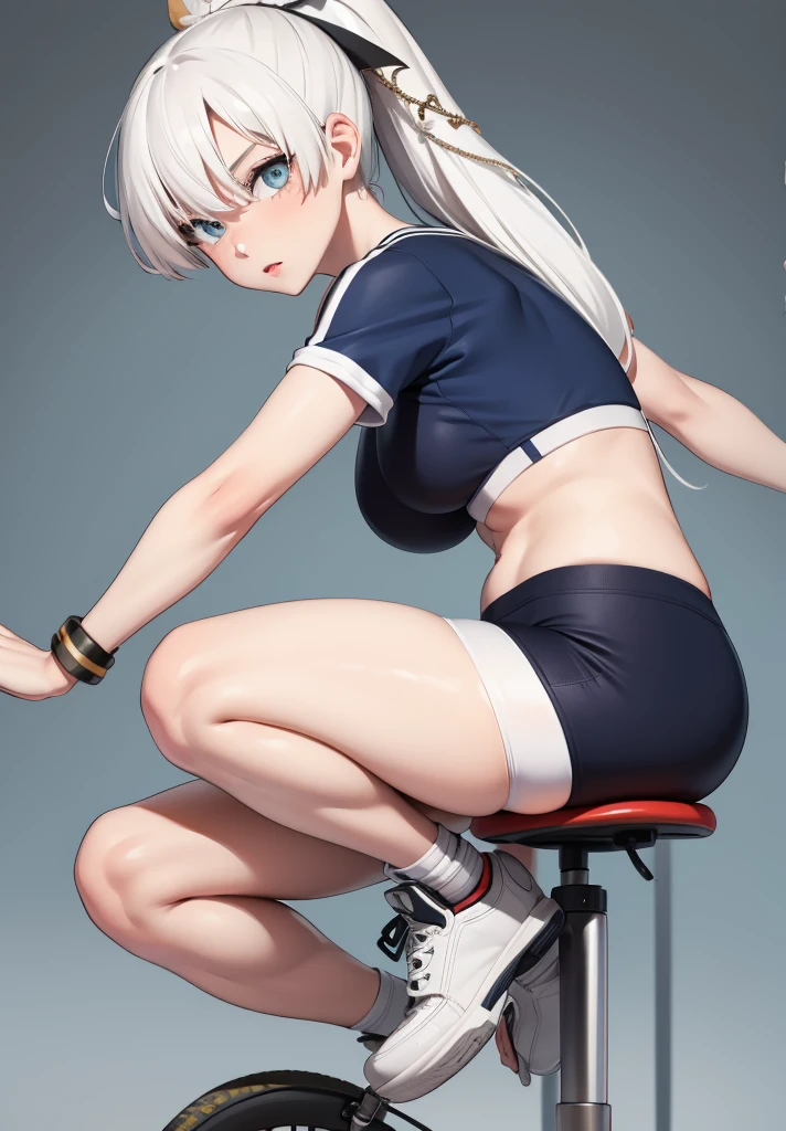 annasummer, 1 girl, T-shirt, punk bracelet, simple background, cycling shorts, squats with open legs,