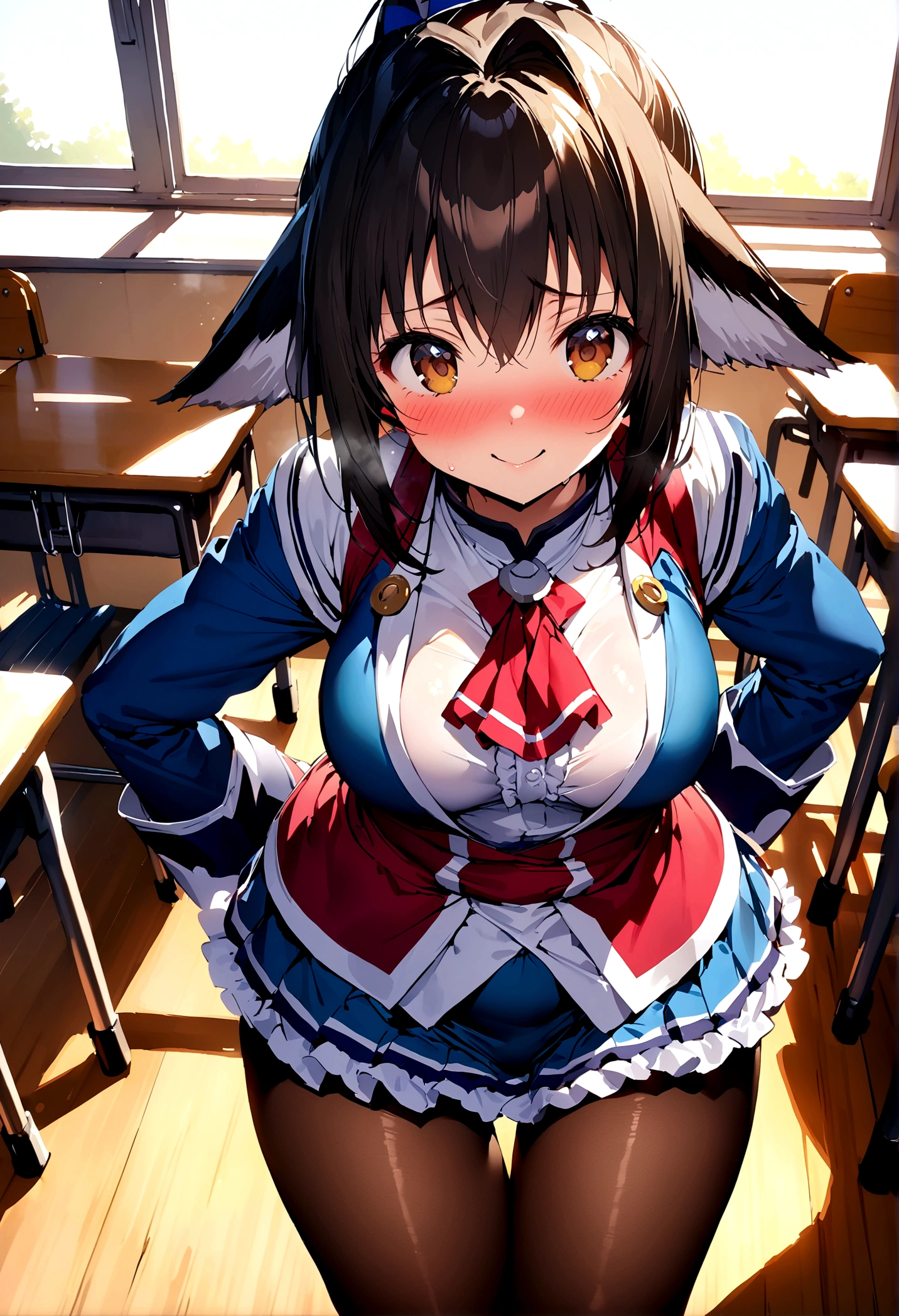 NSFW,masterpiece,Highest quality,High resolution,Super detailed,nekone \(utawarerumono\),uniform,mini skirt,pantyhose,White frilly panties,Embarrassed,blush,Expecting face,Seduce,smile,School,classroom