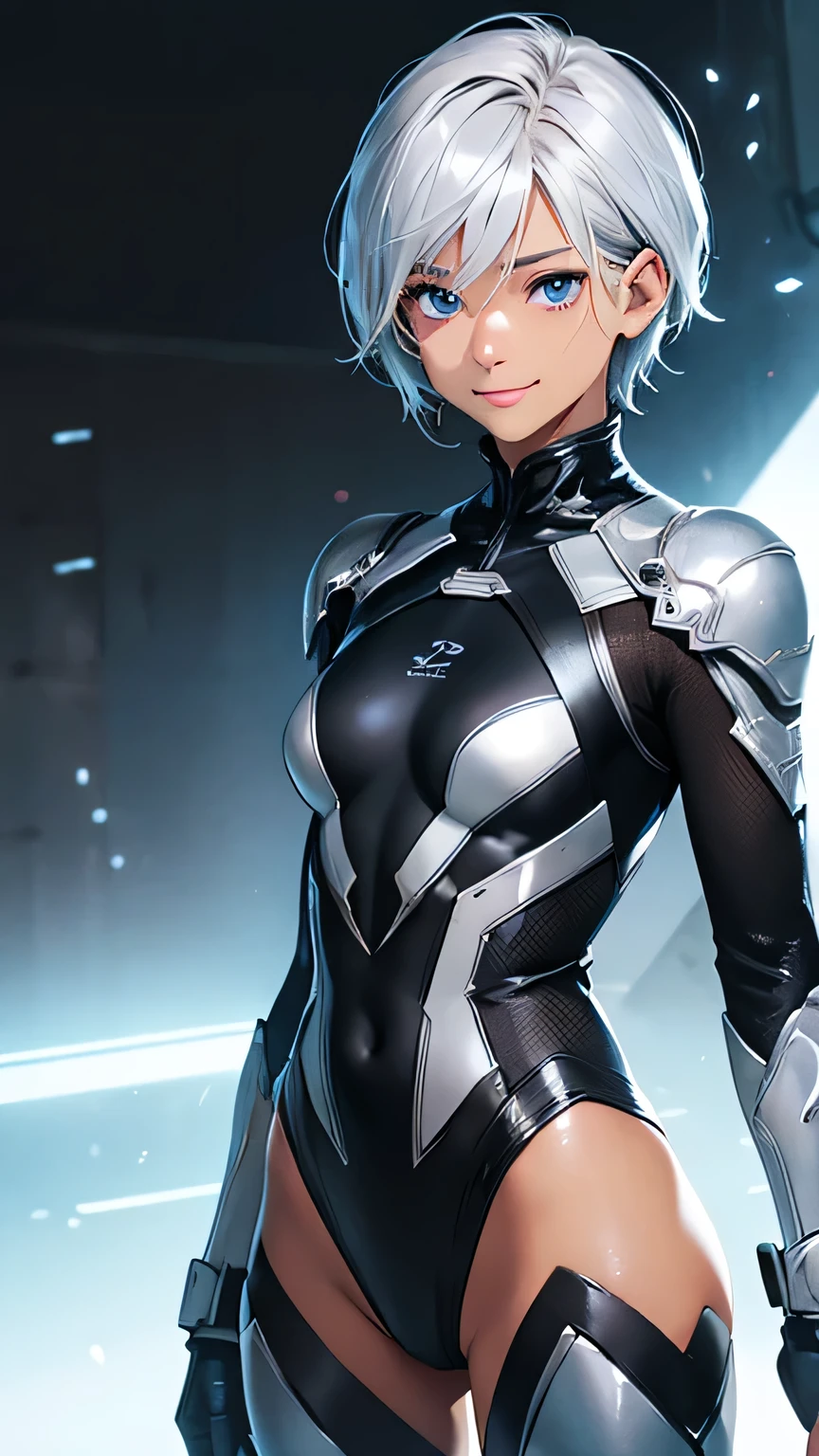highest quality、Realistic、zoom、girl、Silver Hair、Light blue eyes、Very Short Hair、Hero Suit、Black shiny leotard、Brown Skin、Black body、Dark skin、Black Chest、Sweat、smile、