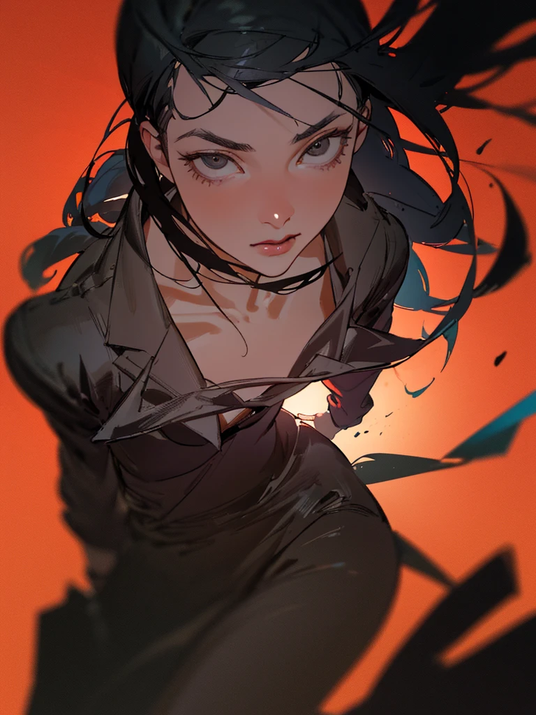 beautiful, white-skinned woman, business suit, long black hair, black eyes, looking at viewer, red background, intricate details, hyperrealistic, 8K, octane render, chiaroscuro lighting, cinematic composition, dramatic atmosphere, digital art