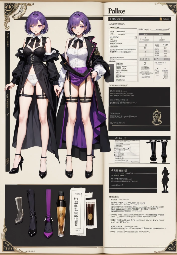 Purple Hair,Shortcuts,Adult female,(bartender),((Body Harness)),((Roll up your shirt sleeves)),(corset),(Tight Skirt),((garter belt)),(High heels),((Simple Background)),smile,((whole body)),((whole body)),Character Sheet,