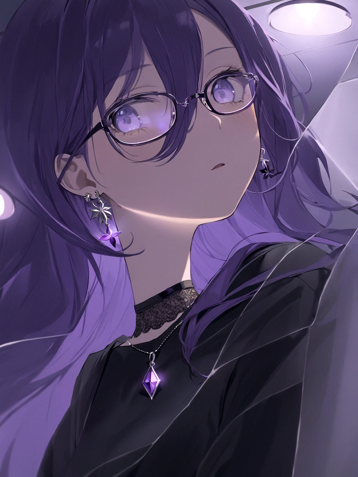 1. **Style and setting:** - The illustration must have a detailed and realistic anime style. - The setting must be dark, with predominantly purple and lilac tones, suggesting a nocturnal or dark interior atmosphere. 2. **Main character:** - **Face and expression:** - The character must have a young and feminine face, with a serene and slightly pensive expression. - Large and bright eyes, deep violet with luminous details. - Long and defined eyelashes. - Soft and well-defined lips, with a slight pink sheen. - **Hair:** - Deep purple hair, with lighter highlights to give depth and volume. - Hairstyle with soft curls and volume, partially gathered with a decorative clip. - The clip must have details in pastel colors, especially pink and yellow, with a delicate design. 3. **Accessories:** - **Glasses:** - Thin-framed, translucent glasses in lilac tones. - Large glasses that frame the character's eyes well. - **Jewelry:** - Long, elegant earrings with details in purple and silver tones. - Delicate necklace with a small pendant, with silver details and a touch of lilac. - Dark purple ribbon choker with a minimalist design. 4. **Clothing:** - **Top:** - Black blouse with lace details on the edges. - Moderate V-neckline, showing an additional necklace with a simpler design. - **Accessories:** - A light jacket or cape over the shoulders, also in dark tones, probably black or a very dark purple. - Additional details in the clothing should include small flashes or reflections that follow the predominant color scheme. 5. **Background:** - Dark background, but not completely black, with subtle gradients of purple and dark blue. - Add diffuse elements in the background to give depth, such as soft, diffused lights that suggest a dim room or interior space. - Include a thin frame around the illustration in a shade slightly lighter than the background, to highlight the main character.