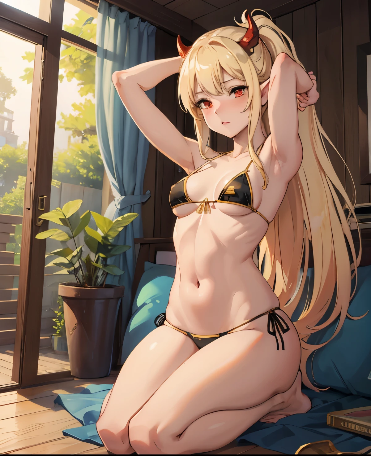 Demon girl, elf ears, blonde, red eyes, demon horns, ((long ponytail, long bangs, golden hair)), glow aura, natural light, realistic skin, realistic light shading, smileglow aura, sexy, hot, (microbikini, tight bikini, straps), perfect vulva, flat abdomen, , (shy, blushing), fantasy girl, in a magical forest, sexy pose, sexy look, juicy lips, high detailed art, masterpiece, golden proportion, golden ratio, (strap bikini), lewd expression