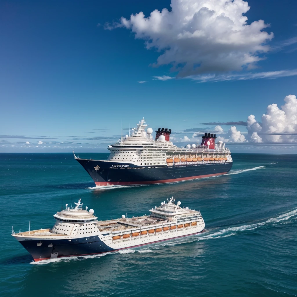 Photo of a ship docked in the ocean between two islands with Disney's Cinderella Castle on it
