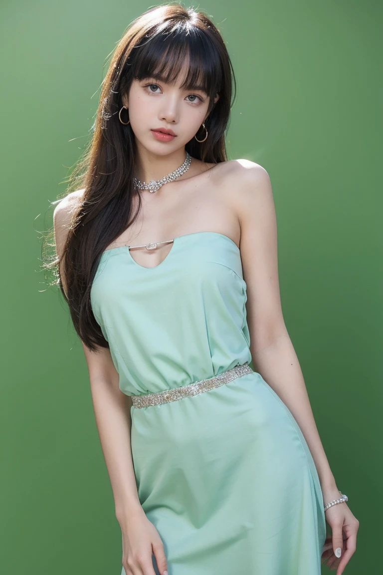 21yo girl, beautiful dress, green background 