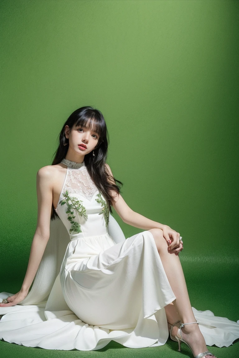 21yo girl, beautiful dress, green background