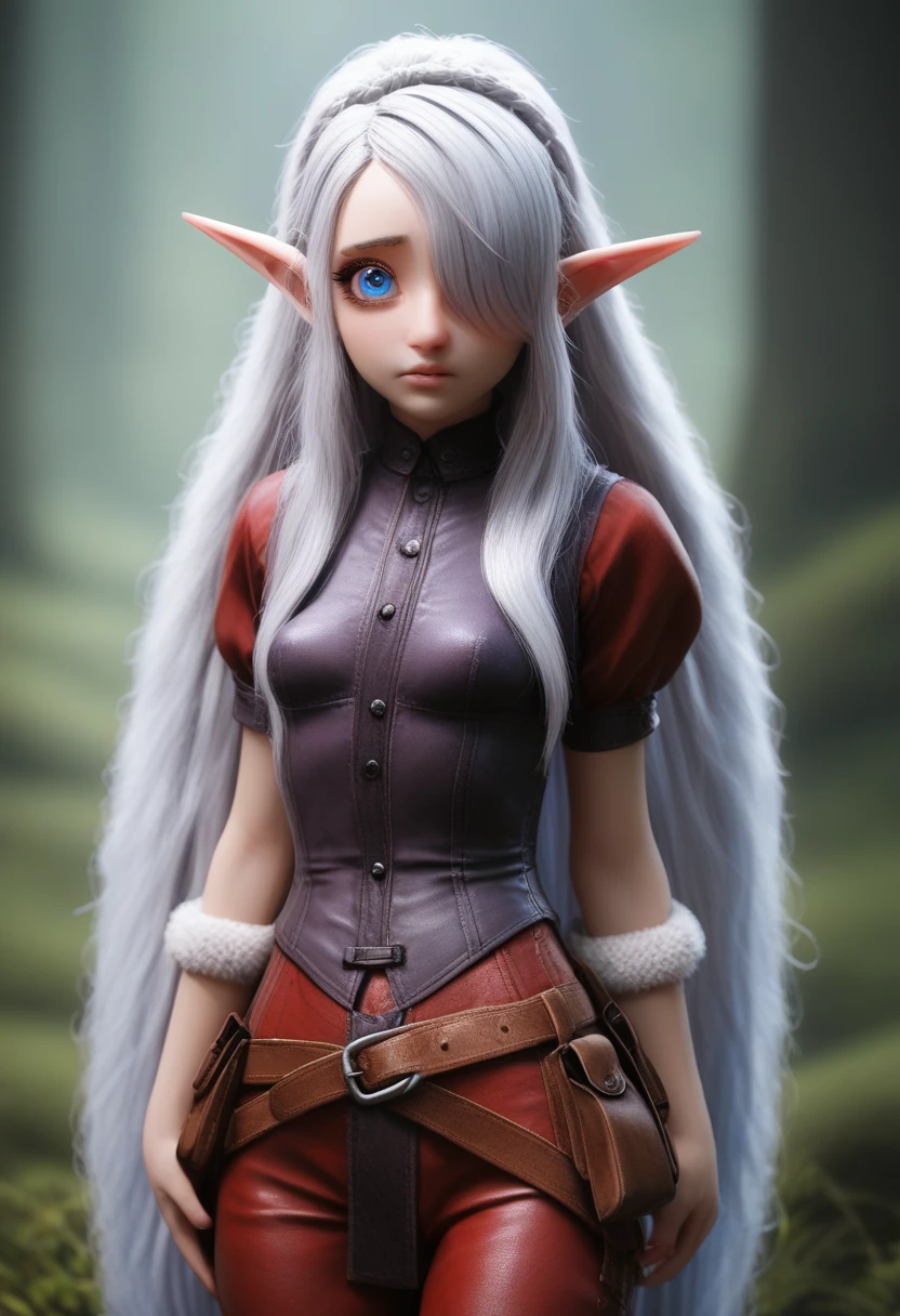 a girl with pale skin, short stature, very long wavy silver hair covering one eye, small breasts, pouty lips, and bright blue anime-style eyes with long lashes, wearing a corset, white puffy long sleeved shirt, and puffy cloth pants, leather bound boots, set in a windy fantasy landscape, (best quality,4k,8k,highres,masterpiece:1.2),ultra-detailed, dungeons and dragons, long elf ears, small girl, detailed skin and cloth textures, cute detailed face, intricate details, extremely detailed, 1girl, dynamic pose with hair covering one eye, shy personality, puffy cloth pants with leather belt, detailed privateer outfit, detailed buccaneer outfit, pouch on belt, wearing ornate leather armor with fur trim, silver inlay detail, wearing fur trimmed boots, wearing fur trimmed gloves, short, short height, halfing girl, small girl, very long detailed flowing hair, big head, big round eyes, windy, wind blown hair, wirey muscles