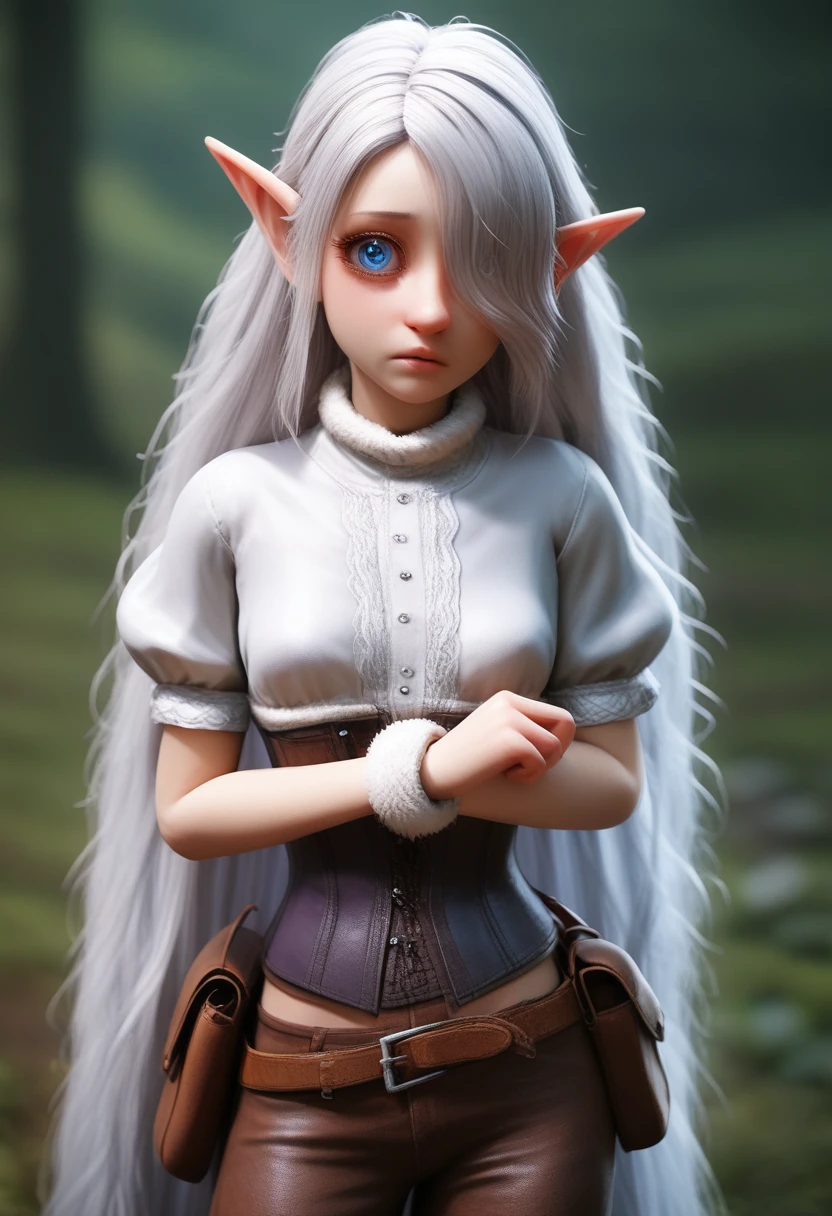 a girl with pale skin, short stature, very long wavy silver hair covering one eye, small breasts, pouty lips, and bright blue anime-style eyes with long lashes, wearing a corset, white puffy long sleeved shirt, and puffy cloth pants, leather bound boots, set in a windy fantasy landscape, (best quality,4k,8k,highres,masterpiece:1.2),ultra-detailed, dungeons and dragons, long elf ears, small girl, detailed skin and cloth textures, cute detailed face, intricate details, extremely detailed, 1girl, dynamic pose with hair covering one eye, shy personality, puffy cloth pants with leather belt, detailed privateer outfit, detailed buccaneer outfit, pouch on belt, wearing ornate leather armor with fur trim, silver inlay detail, wearing fur trimmed boots, wearing fur trimmed gloves, short, short height, halfing girl, small girl, very long detailed flowing hair, big head, big round eyes, windy, wind blown hair, wirey muscles