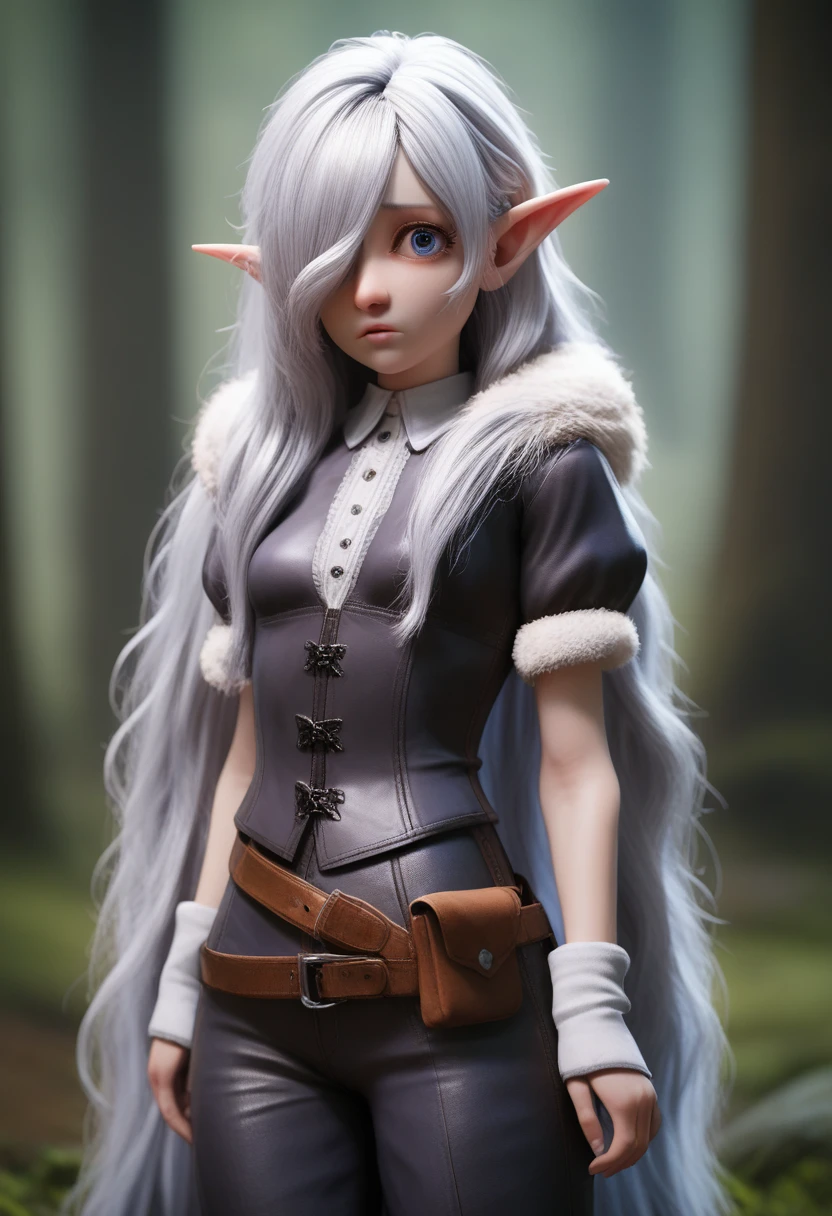 a girl with pale skin, short stature, very long wavy silver hair covering one eye, small , pouty lips, and bright blue anime-style eyes with long lashes, wearing a corset, white puffy lsleeved shirt, and puffy clothts, leather bound boots, set in a windy fantasy landscape, (best quality,4k,8k,highres,masterpiece:1.2),ultra-detailed, dungeons and dragons, long elf ears, small girl, detailed skin and cloth textures, cute detailed face, intricate details, extremely detailed, 1girl, dynamic pose with hair covering one eye, shy personality, puffy cloth panith leather belt, detailed privateer outfit, detailed buccaneer outfit, pouch on belt, wearing ornate leather armor with fur trim, silver inlay detail, wearing fur trimmed boots, wearing fur trimmed gloves, short, short height, halfing girl, small girl, very long detailed flowing hair, big head, big round eyes, windy, wind blown hair, wirey muscles