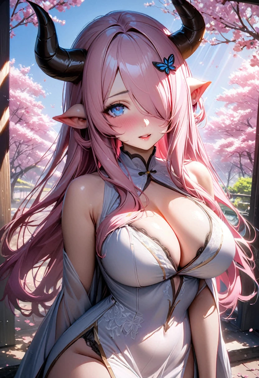 Narmaya standing in a forest of Cherry Blossom trees. Rays of light weave through the tree tops from the sun. She is wearing an elegant white dress that exposes her large cleavage. The image is extremely detailed with perfected anatomy. The lighting highlights her body in ways that arouses the viewer. Her expression is extremely seductive and confident. The image is life-like and semi-realistic. Extreme detail has been put into the shading. It's a masterpiece of erotic art. The scene evokes a sense of tranquility and wonder in the viewer. (masterpiece), best quality, expressive eyes, perfect face, Cherry blossom trees, light rays, sunny day, seductive, erotic, 8k, absurdres, narmaya, pink hair, blue eye with pink pupil, hair over eye, draph, horns, butterfly hair clip,