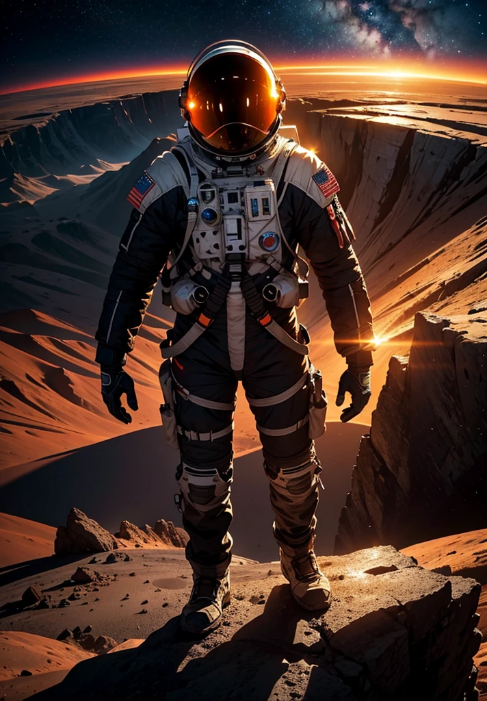 An astronaut stands on the edge of a vast cliff, peering down into an enormous, deep crater that stretches out before them. The Martian night sky is filled with countless stars, casting a gentle glow over the barren, rocky terrain. The depth of the crater is immense, disappearing into darkness, creating a sense of awe and wonder. Jagged rocks and steep slopes surround the scene, with the distant Martian mountains silhouetted against the starry sky. The astronaut's suit is faintly illuminated by their helmet lights, highlighting the surreal beauty of the Martian night.