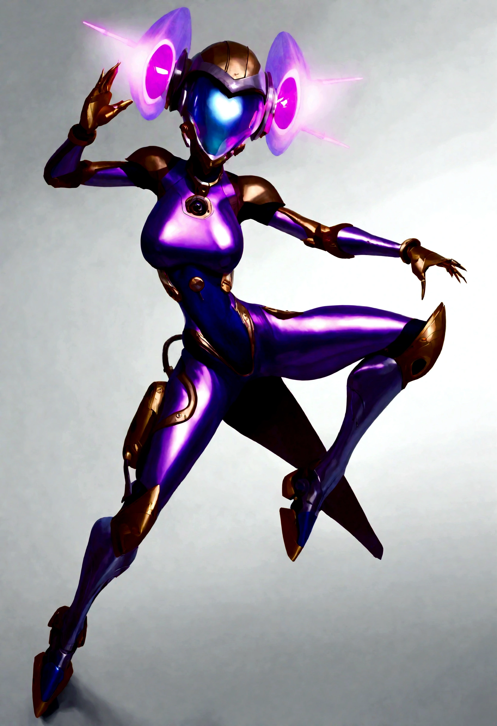 Luciwilde is a sexy cyborg with a entirely electric purple metallic body(obviously mechanical), metal helmet stylized as a fashion model hairdo (no hair visible), and a completely human face. She is flying through space propelled by jets in her feet. She has a guitar with a laser rifle built into it. Full body shot, show all of her, action pose with her weapon, best quality, extreme attention to detail, beautiful face
